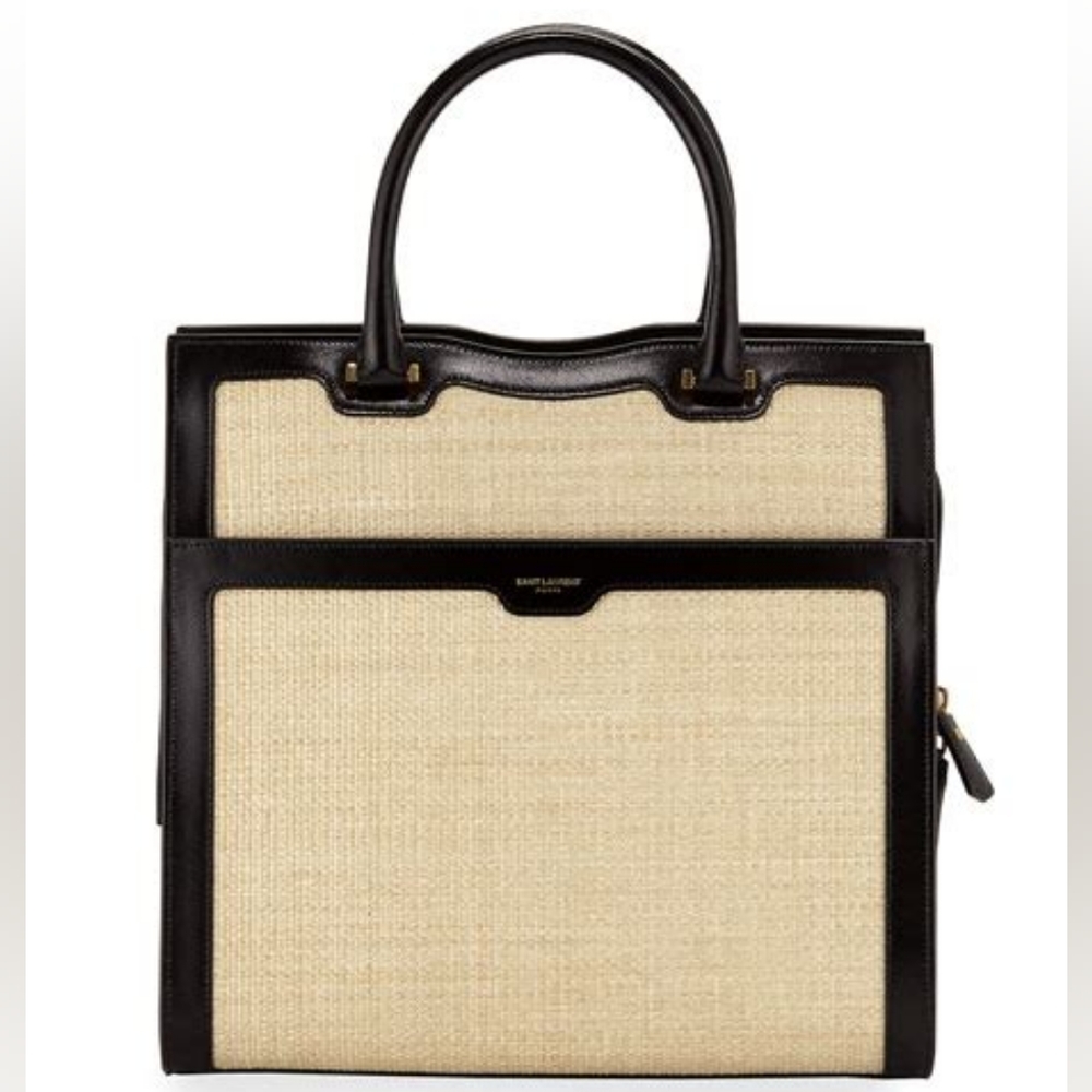 Very Rare! YSL Saint Laurent Uptown 2 in 1 Tote Canvas w/ Leather RAFFIA SATCHEL - Picture 9 of 16
